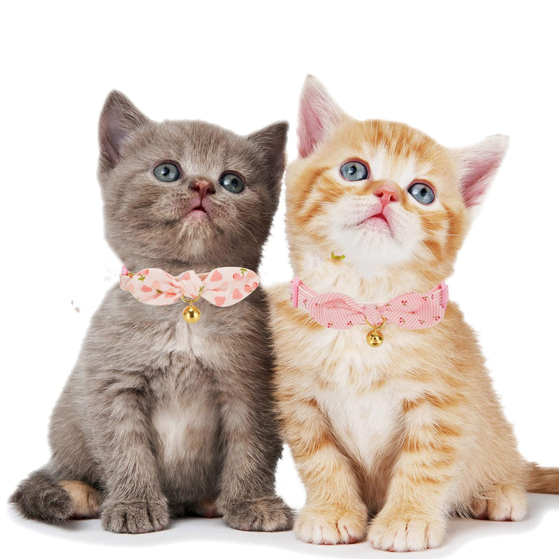 Cotton Bowtie Cat Collar with Bell 2 Pack Adjustable Breakaway Kitten Collars with Removeable Bow Pink Girl Cat Collars 7.5-11.4 Inch (Pack of 2) Cherry Pink+Pink