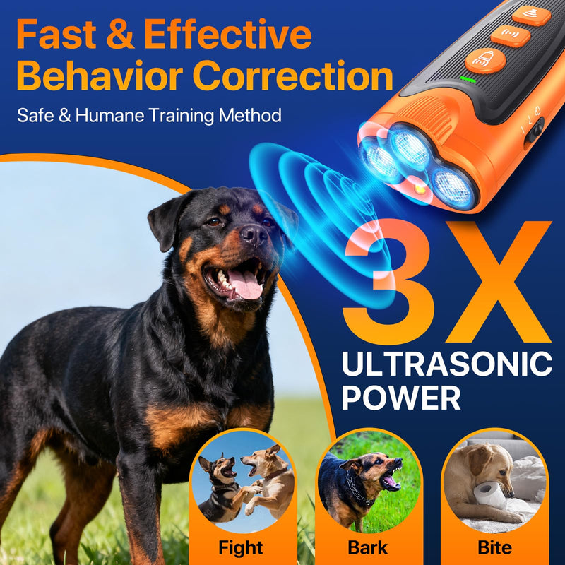 Dog Bark Deterrent Device – 3X Ultrasonic Anti Barking for Dogs, 6 Training Modes & 23FT Range, Rechargeable, Humane No-Shock Dog Training Tool for Stopping Neighbors Dogs Barks Indoor Outdoor Use Orange