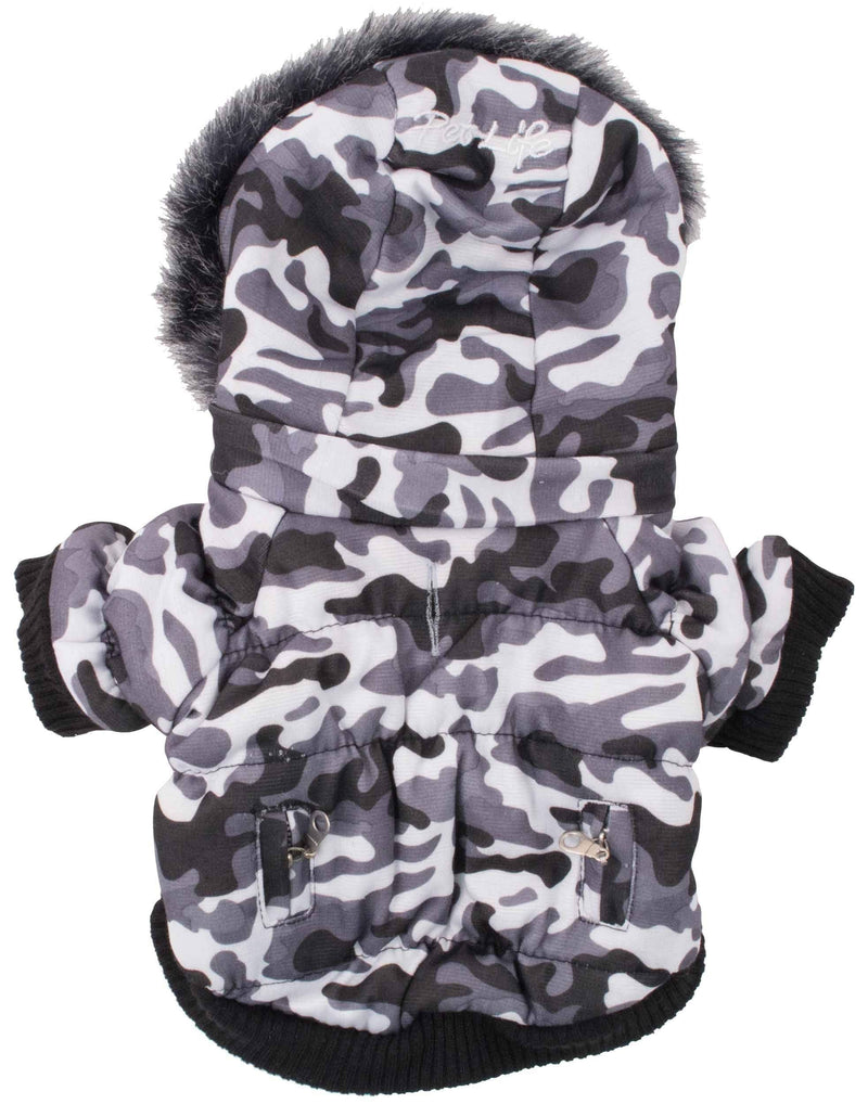 PET LIFE Classic Metallic Fashion Pet Dog Coat Jacket Parka w/ 3M Insulation and Removable Hood, Large, Deer Pattern Camo Grey - PawsPlanet Australia