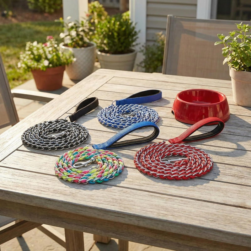 Chew Proof Metal Dog Leash with Built-in P-Chain Collar - 2FT/4FT for Small/Medium/Large Dogs (30-150lb), Anti-Bite Chain Link with Soft Padded Handle, 360° Rotating Clasp Red 4FT/ 120CM - PawsPlanet Australia