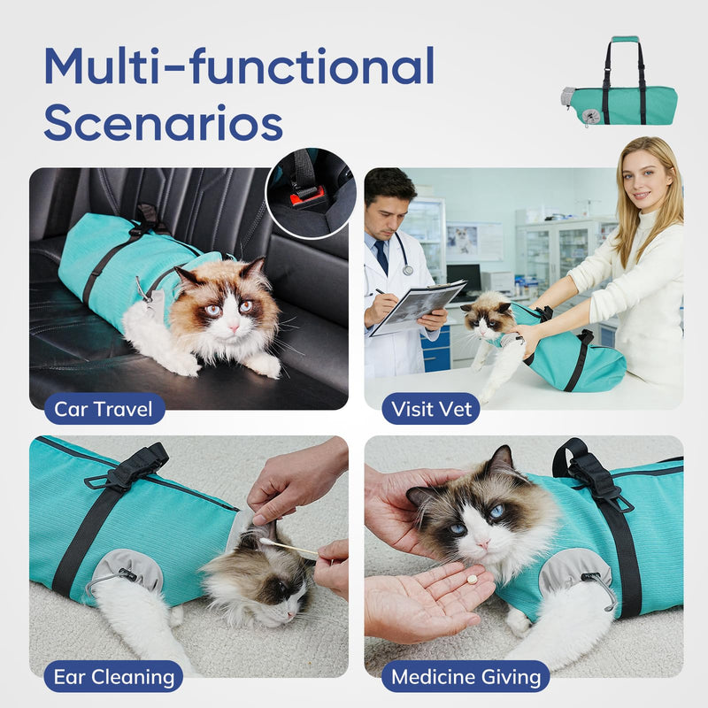 Cat Carrier Pouch, Soft Cat Grooming Restraint Bag for Vet Visits, Nail Trimming & Medication, Comfortable Cats Carry Bag with Bottom Support for Car Travel, Green, S Small - PawsPlanet Australia