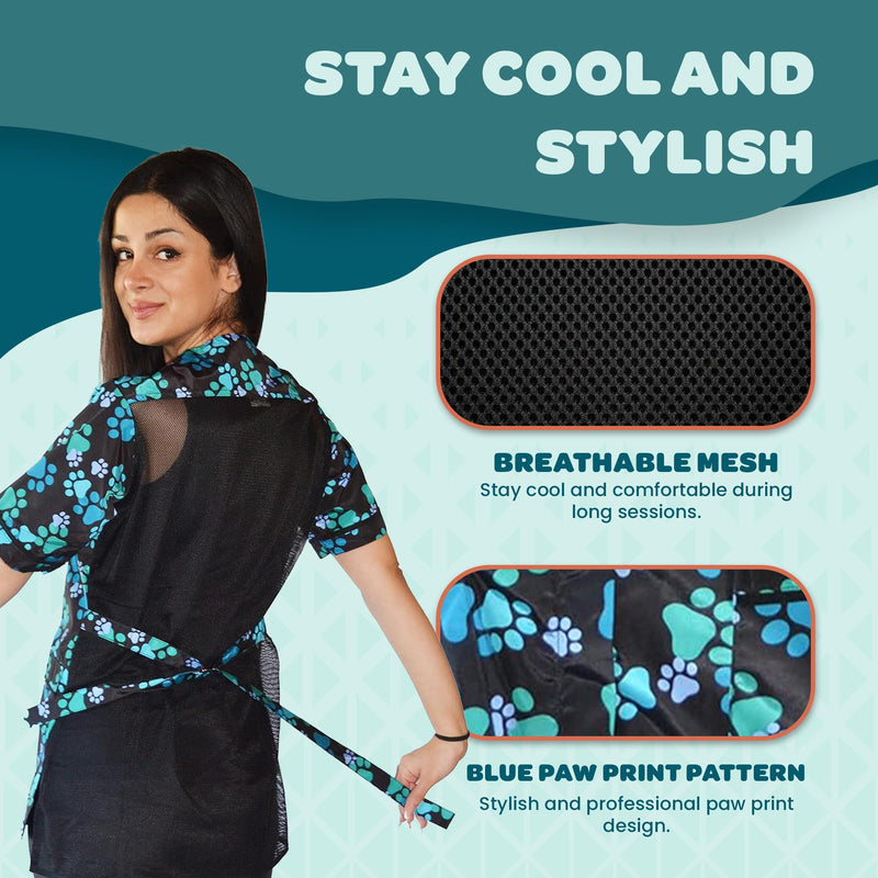 Ladybird Line 701 Blue Paw Print Waterproof Dog Grooming Smock with Pockets, Hair and Bleach Resistant, Covered Zipper Panel, Mesh Back, Adjustable Back Tie Belt, for Pet Grooming and Vet Clinics Small - PawsPlanet Australia