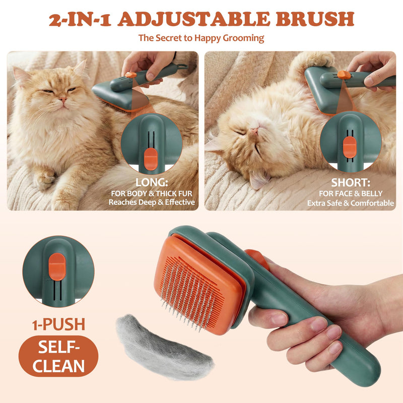 Self Cleaning Slicker Brush - Skin Friendly Pet Shedding Brush for Cats, Puppies, Long & Short Hair, Painless Deshedding & Massaging Tool(Green) Green