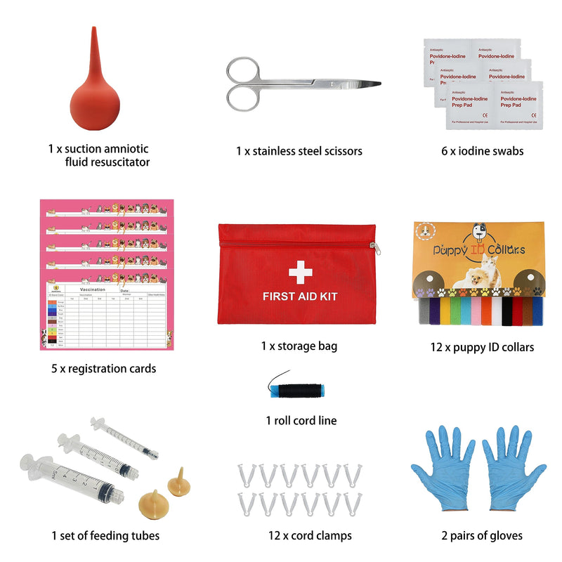 Complete Dog Whelping Kit with Feeding Nipple, Record Keeping Charts, ID Collars, Aspirator, Cord Clamps & More - Essential for Newborn Puppies (Red no pad) Red no pad - PawsPlanet Australia