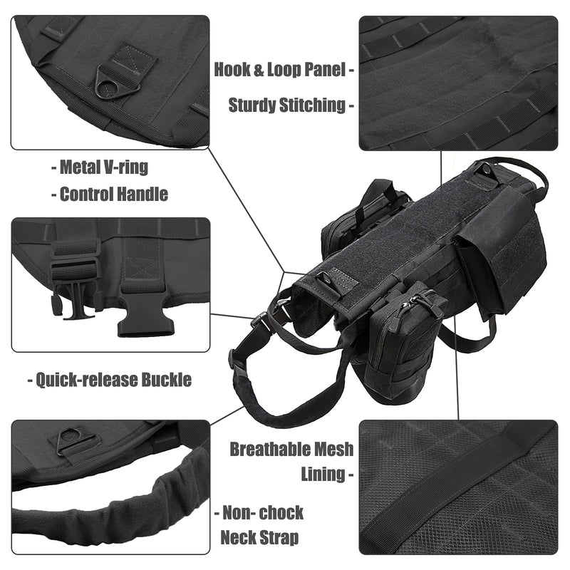 AIWAI Tactical Dog Harness with Pouches,Dog Vest Harness for Large Medium Dogs No-Pull Adjustable Military Dog Harness with Handle Walking Hiking Training (Black(with Leash), XL) Black(With Leash) - PawsPlanet Australia