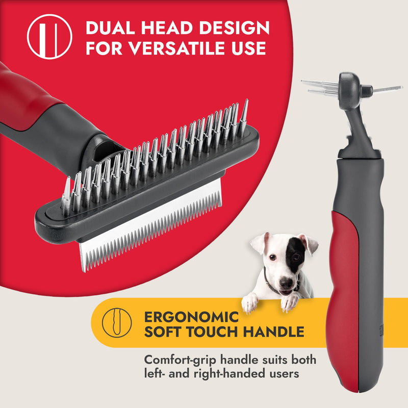 KONG Double-Sided Rake & Deshedding Tool – Detangling & Shedding Control, Rounded Metal Tips, Non-Slip Grip, for Medium to Large Dogs with Medium to Long Coats, Red/Gray - PawsPlanet Australia