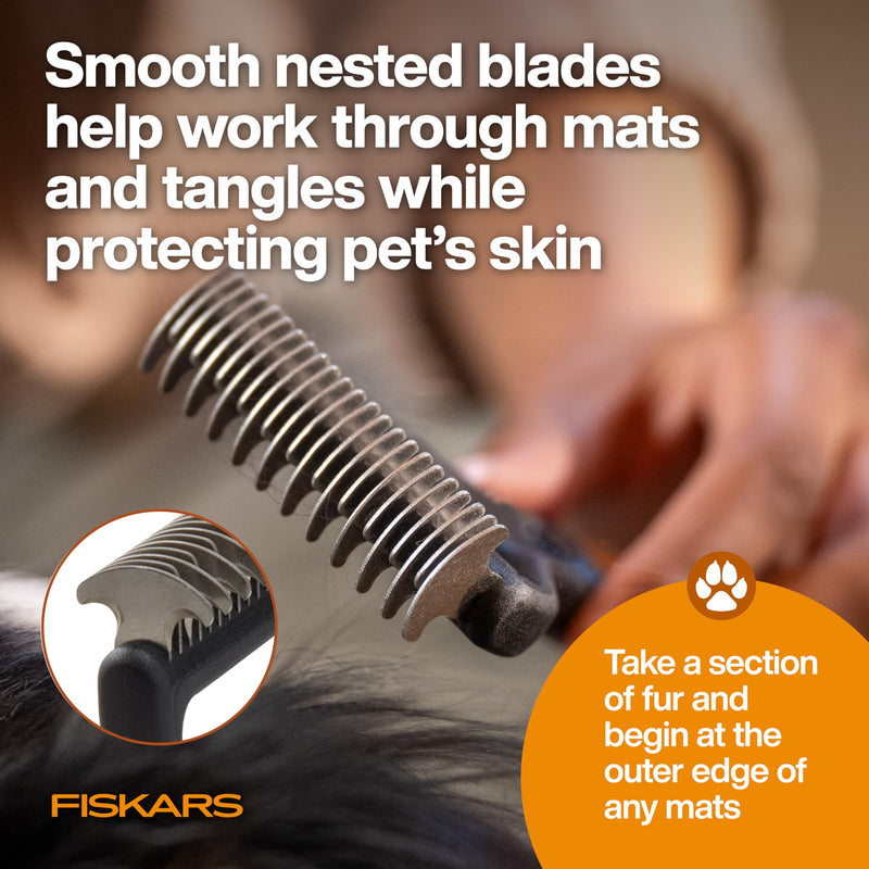 Fiskars Pet, Cat and Dog Brush, Fine Bristles & SoftGrip Handle for Gentle Grooming and Deshedding, Cat and Dog Supplies, Orange/Black Dematting Rake