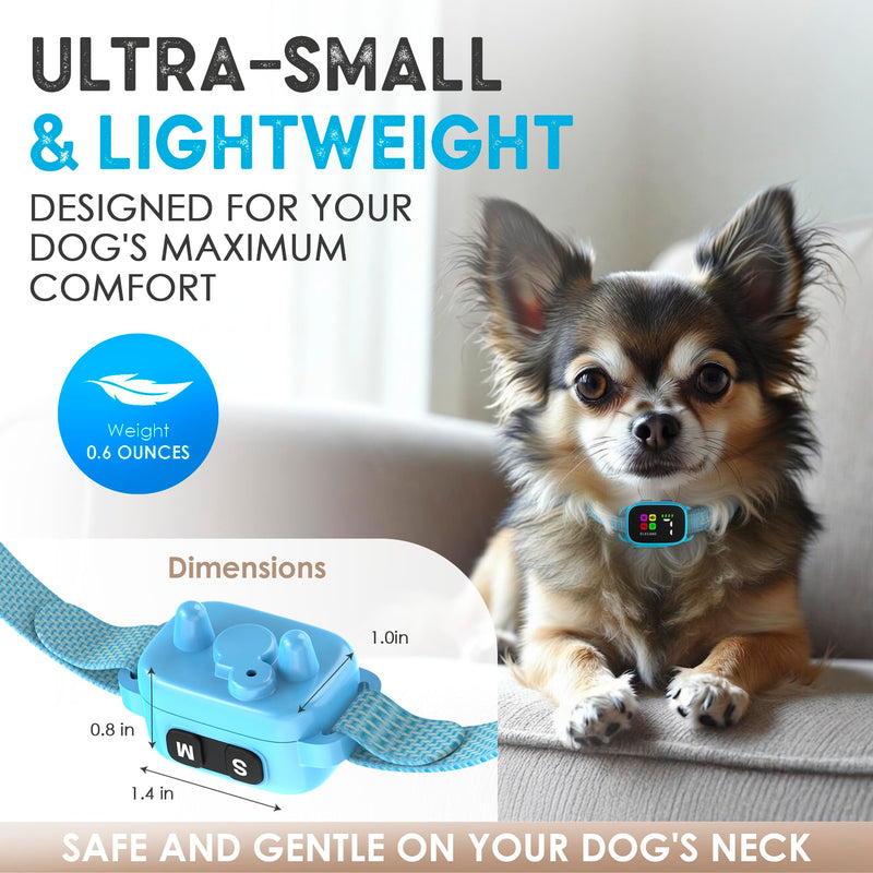 Tiny Bark Collar for Small Dogs 5-15 lbs and Puppies - No Shock Anti Barking Collar - Rechargeable Smart Collar for Dog Training with 7 Sensitivity Levels and 3 Beep&Vibration Modes (Pure Blue) Pure Blue