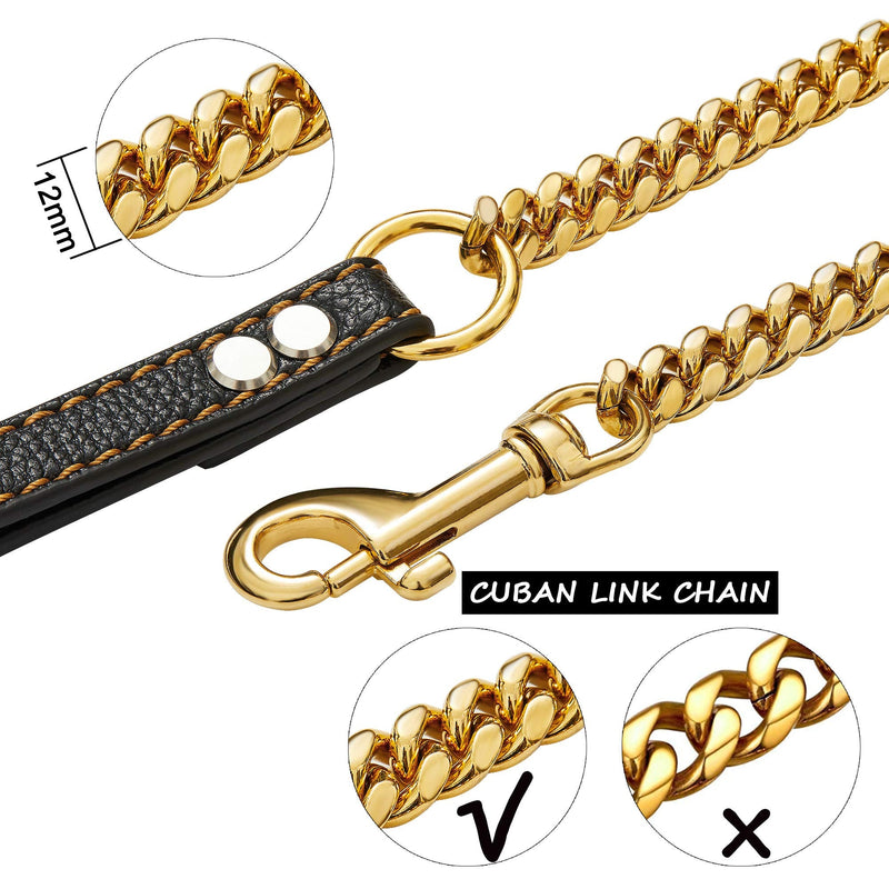 PRADOG Chain Dog Leash Metal Chew Proof 12MM Pet Leash Chain with Leather Padded Handle for Large Medium Small Dogs(Total Length of 4ft) Total Length 4.0 FT