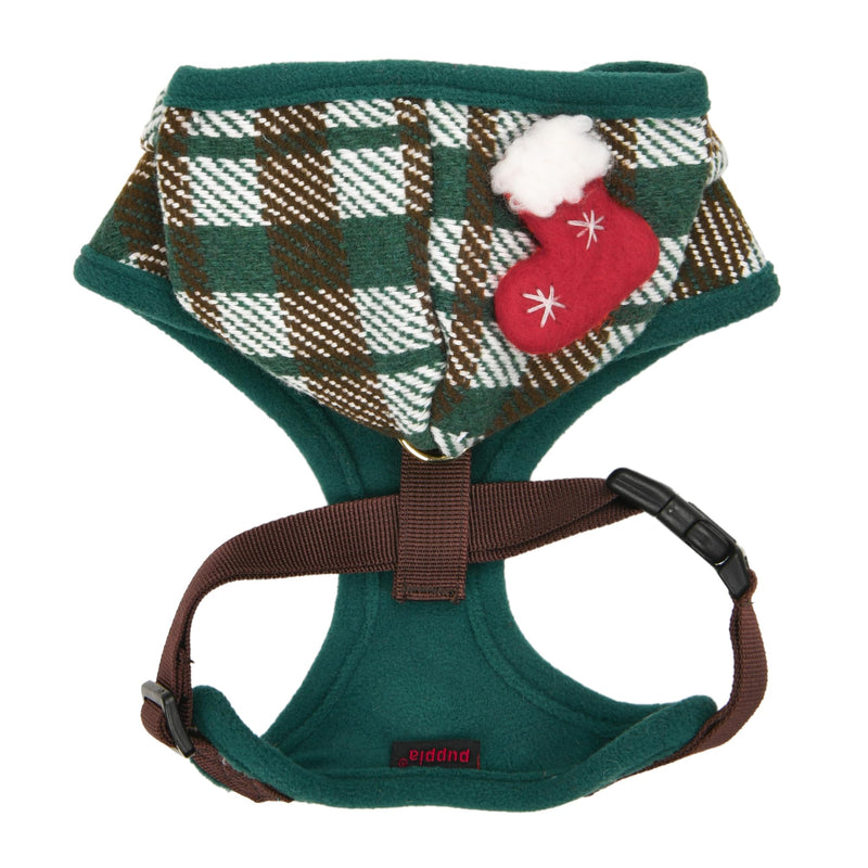 Puppia Festive Hooded Dog Harness Over-The-Head Warm Winter Checkered Pattern Adjustable Chest for Small and Medium Dog, Green, Medium - PawsPlanet Australia