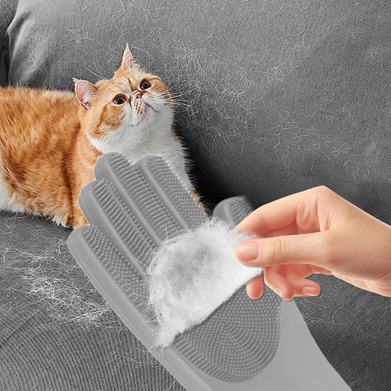 All-in-One Dog Bath & Grooming Gloves - Static Magic for Hair Removal, Heat-Resistant Silicone for Dogs and Cats with Non-Slip Massage Design - Grey - PawsPlanet Australia