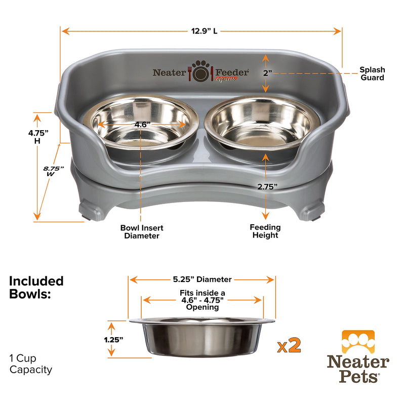 Neater Feeder Express Mess Proof Cat Bowls Elevated, No Spill Feeding Station, Stainless Steel Dishes for Food and Water, Raised Bowls for Indoor Cats, No Fatigue Whisker Friendly Dish, Grey Cat w/ Standard Bowls Gunmetal Grey