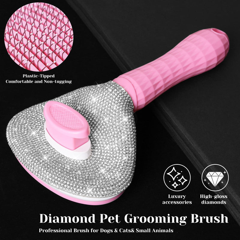Full Diamonds Self Cleaning Slicker Brush for Dogs & Cats, Skin Friendly Grooming Cat Brush, Dog Brush for Shedding, Deshedding Brush, Rhinstone Hair Brush Puppy Brush for Haired Dogs,Pink Pink - PawsPlanet Australia