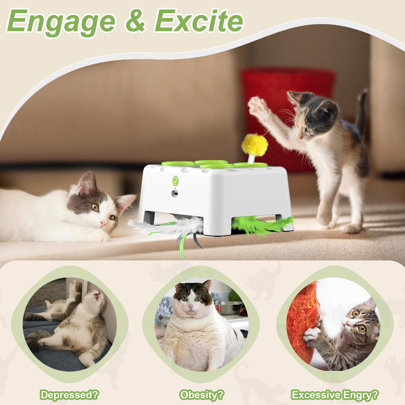 Interactive Cat Toys, 2-in-1 Automatic Cat Toy, 4 Holes Mice Whack A Mole Cat Mouse Toy with Moving Feather, Portable USB Rechargeable Electronic Kitten Toys White - PawsPlanet Australia