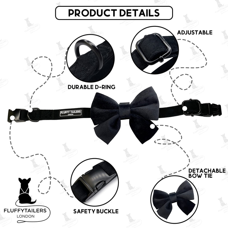 Dog Collar Bowtie – Comfortable Luxury Black Velvet Adjustable Dog Collar with Detachable Bow Tie Safety Buckle for Puppy Small Medium Dogs and Cat, Size (Small) - PawsPlanet Australia