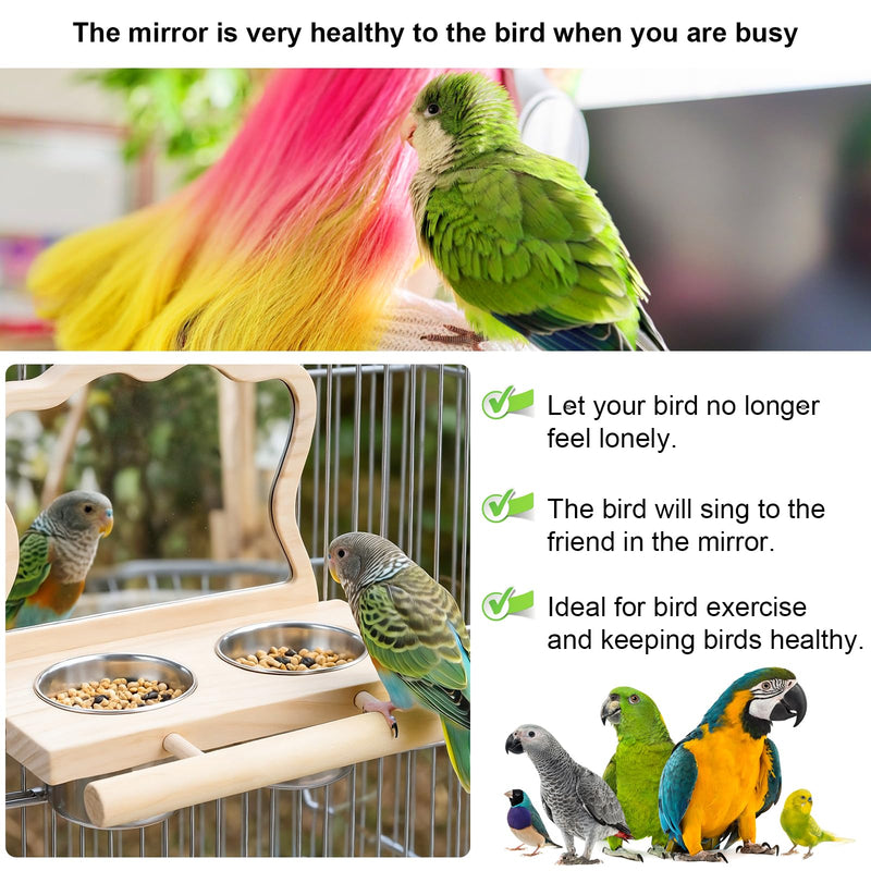 Bird Perch Platform Toy with Mirror, Standing Rack & Stainless Steel Bowl - Wooden Play & Exercise Gym Stand, Cage Accessory for Cockatoos, Lovebirds, Budgies, Pacific Parrotlets & Canaries 1