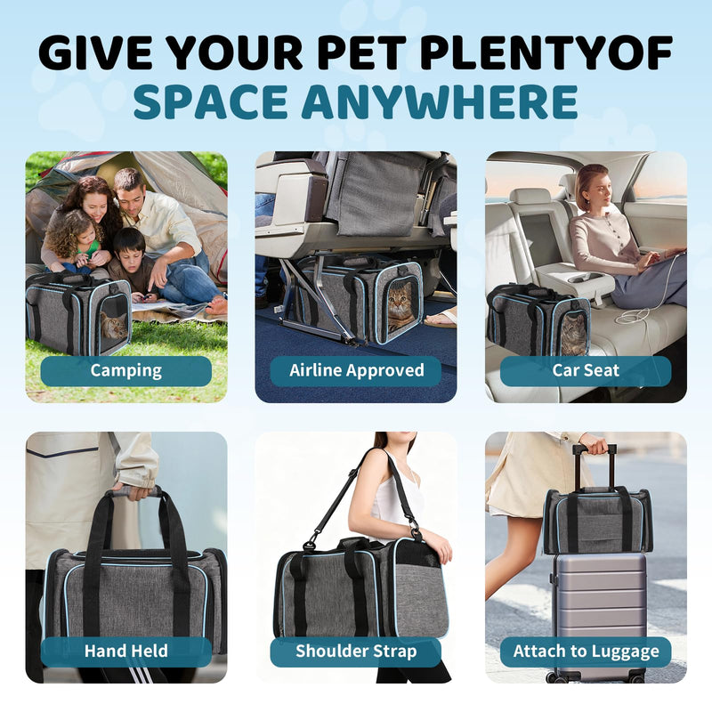 Cat Carrier - Airline Approved Expandable Soft Side Pet Carrier, Collapsible Pet Travel Bag Carrier with Foldable Pet Bowl for Cat Small Animals Under 14LB, 17 * 11 * 11 1844-Grey Blue - PawsPlanet Australia