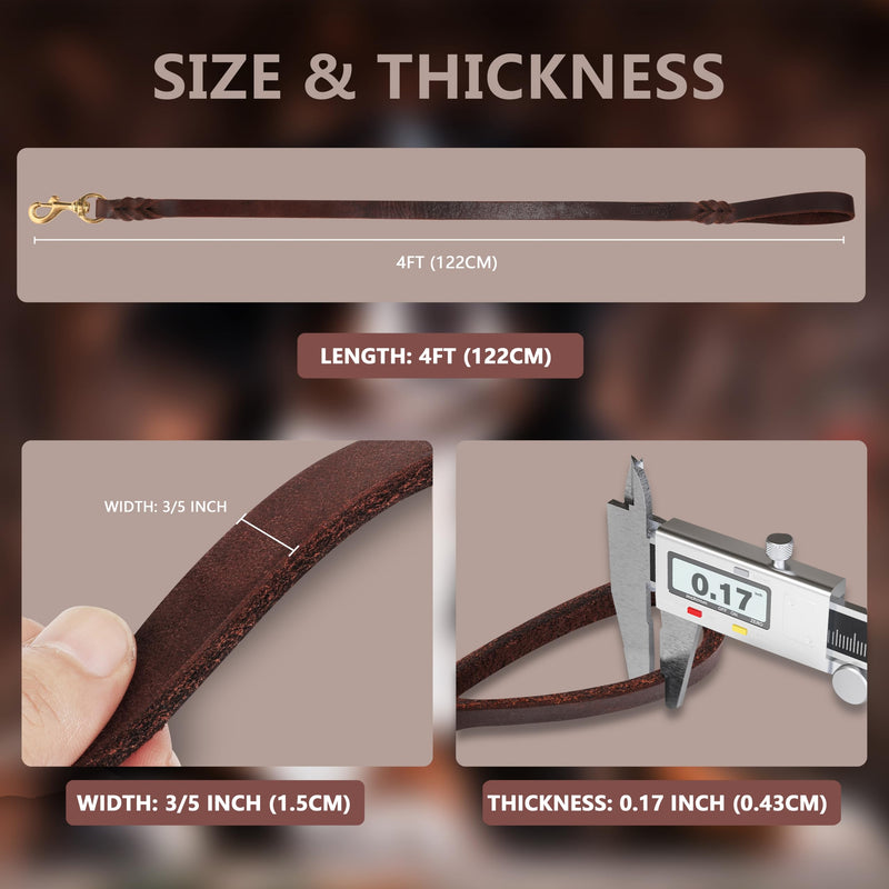 QUMY Leather Dog Leash 4ft, Heavy Duty Dog Training Leashs for Large, Medium and Small Dogs, Soft and Strong Genuine Leather Braided Handmade Long Lead Leash for Dog Training, Brown - PawsPlanet Australia