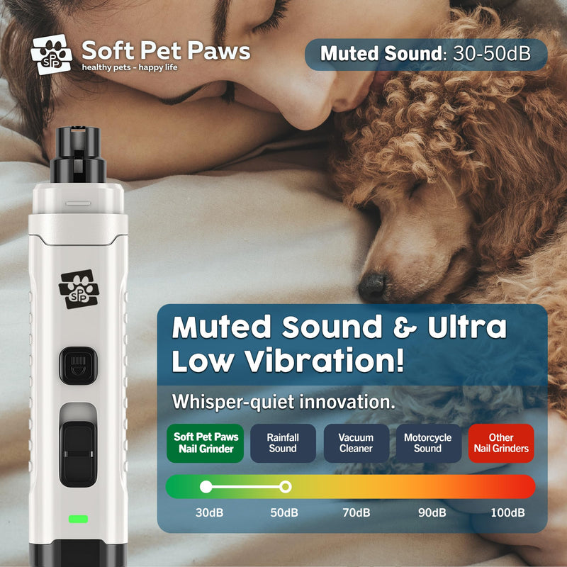 Dog Nail Grinder - Ultra Quiet Operation - Upgraded Dog Nail Trimmer with 2 LED Lights - 2-Speed Rechargeable Nail Grinder - for Small, Medium and Large Dogs - Extra Grinding Head - PawsPlanet Australia