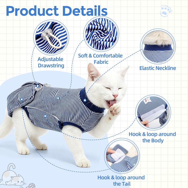 Cat Recovery Suit Surgery Spay Neuter Onesie, Breathable Anti-Licking Female Cat Kitten Bodysuit for Abdominal Wounds Skin Disease Post-Surgery Healing (Blue & White Stripes) (X-Small) X-Small