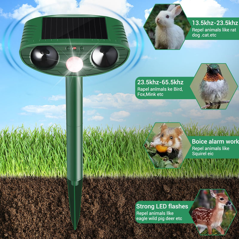 2 Pack Solar Animal Repeller Outdoor, Cat Deterrent with Ultrasonic & Flashing LED - Night Time Motion Activated Pest Control for Garden Yard to Repel Cats, Raccoons, Deer, Skunks, Squirrels Green - PawsPlanet Australia