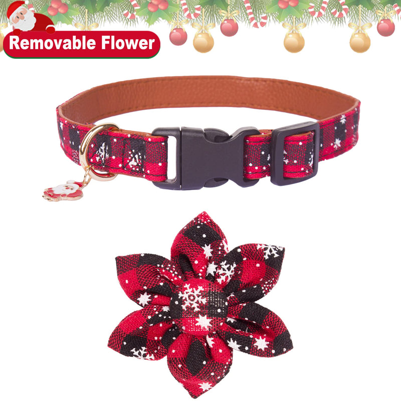 ADOGGYGO Christmas Dog Collar with Removable Flower, Classic Buffalo Plaid Snowflake Pet Xmas Collar, Adjustable Red Green Christmas Collars for Medium Dog (Medium) Floral