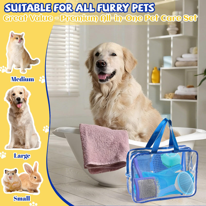 8PCS Dog Slicker Brush for Dogs Grooming Kit,Bath Grooming Kit for Pets,Hair Brush Set with Towel,Washing Gloves,Slicker Comb,and Shampoo Scrubber Brush for Small and Large Dogs and Cats(Blue) Blue