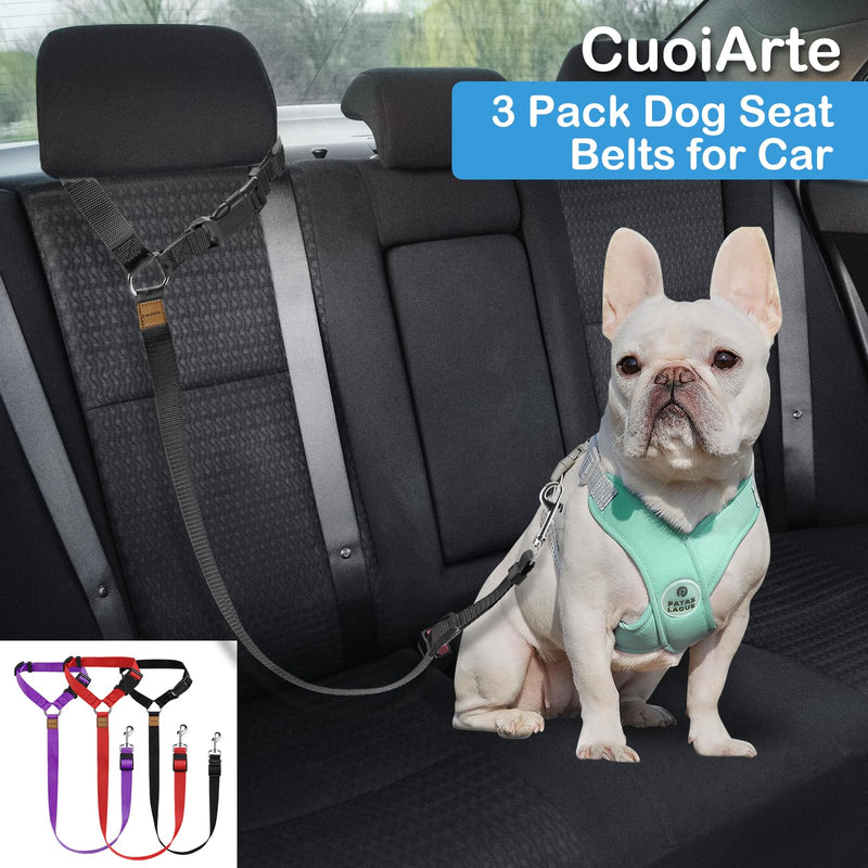 3 Pack Dog Seat Belt for Car, Car Headrest Restraint Adjustable Nylon Fabric, Dog Restraints Vehicle Seatbelts Harness (Black & Red & Purple) Red & Black & Purple - PawsPlanet Australia