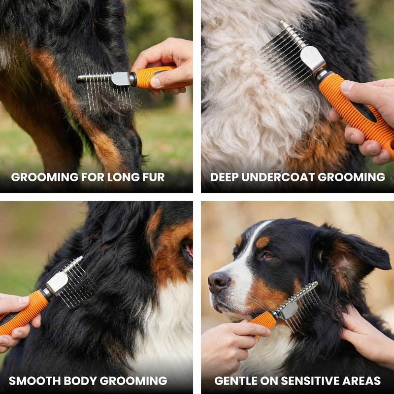 Poodle Dematting Fur Rake Comb Brush for Dogs and Cats - Long 2.5" Steel Safety Blades Metal Comb for Detangling Matted or Knotted Undercoat Hair (Orange) Dematting Comb Orange