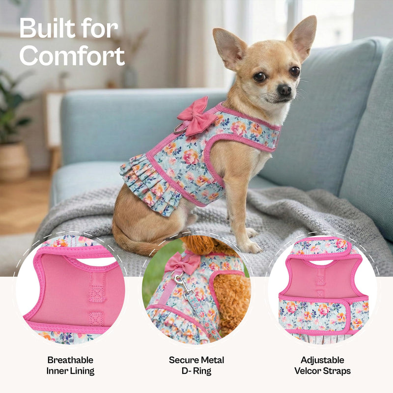 Parisian Pet Floral Dog Harness Dress - Breathable No Pull Puppy Dress with Pink Bow and Leash Ring - 100% Mesh Fabric Harnesses for Dogs - Soft Padded Step in Pet Vest - Dog Harness for Large Dogs XL Spring Blossoms