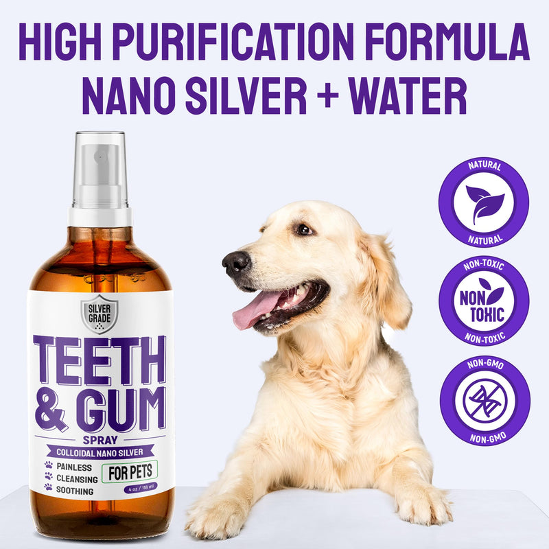 SILVER GRADE Teeth & Gum Dog Breath Spray for Pets Mouth – Cat Dental Care with Silver – Dog Breath Freshener Helps with Tartar & Caries – Plaque Remover for Daily Use – 4 Oz 4 Fl Oz (Pack of 1) - PawsPlanet Australia