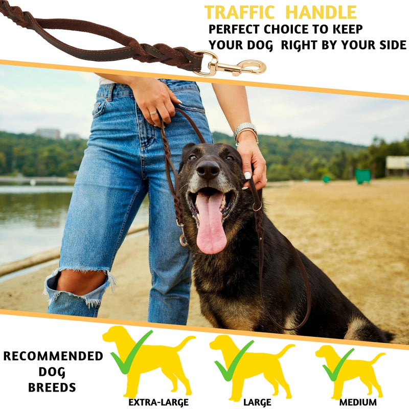 ADITYNA - Double Handle Leather Dog Leash 6ft - Heavy Duty Braided Dog Leash with Traffic Handle - Lead for Training and Walking Medium Large Breeds (Brown, Two Handles 6 Foot x 5/8") Two Handles 6 foot x 5/8" Brown - PawsPlanet Australia