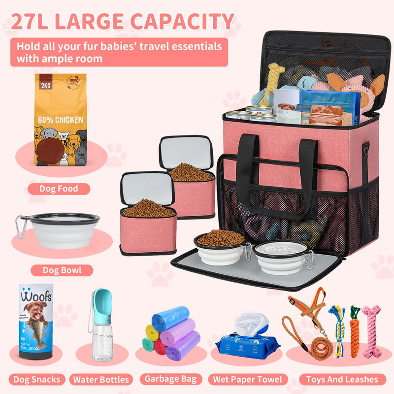 TORIBIO Dog Travel Bag,Large Pet Travel Bag for Supplies with 2 Food Container and Collapsible Bowls,Dog Travel Supplies Organizer Kit for Weekend,Road Trips,Camping Pink - PawsPlanet Australia