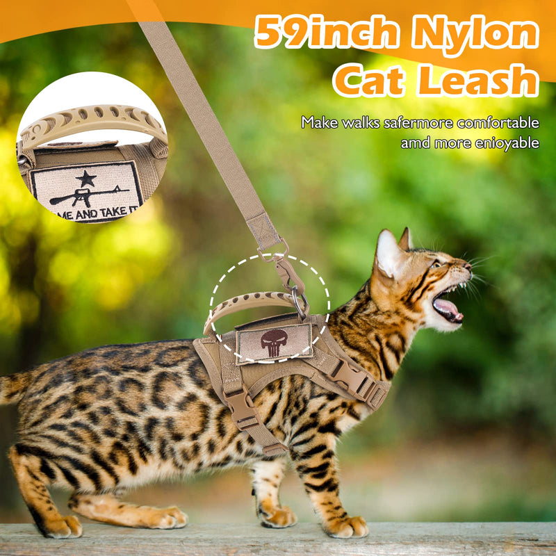 Tactical Cat Harness and Leash Set for Walking Escape Proof, Adjustable Large Cat Vest Harness with Molle Patches, Soft Mesh Padding, Rubber Handle Easy to Control Khaki - PawsPlanet Australia