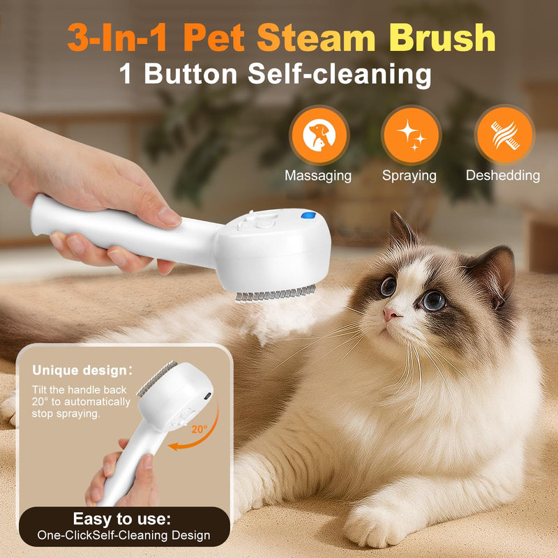 Pet Steam Brush for Dog & Cat - 3-in-1 Spray Hair Removal Comb for Shedding & Grooming, Dog Brushes for Indoor Cats, Cat Steam Brush & Pet Grooming Rake for Long & Short Haired Pets