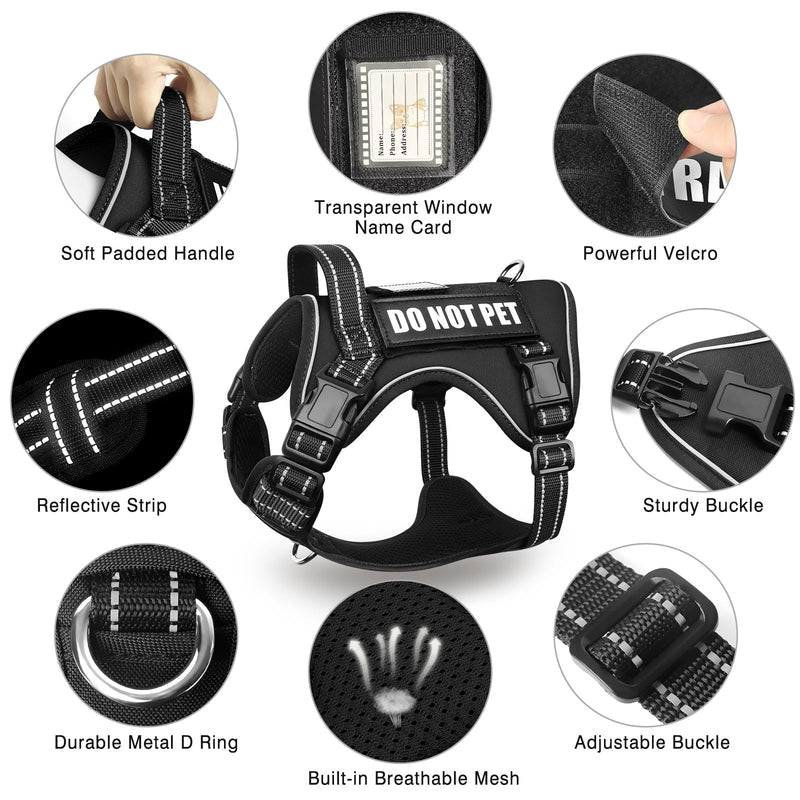Tactical Dog Harness and Leash Set for Large Dogs,Heavy Duty No Pull Service Dog Vest and 10 Patches with Dog Seat Belt,Reflective Adjustable Pet Harness for Training Walking Hiking Black L - PawsPlanet Australia