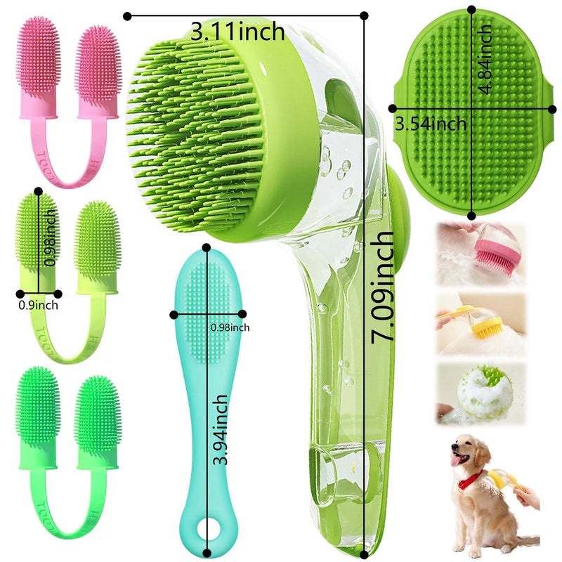 6Pcs Dog Bath Brush Set with Soap Dispenser - Cat Brush & Dog Toothbrush Kit | Silicone Pet Bathing Supplies for Washing, Shower & Shedding | Includes Finger Toothbrush, Scrubber for Small Breed Green - PawsPlanet Australia