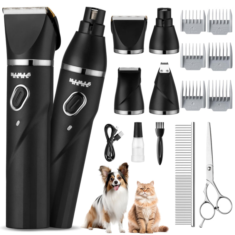 MALLMALL6 4 in 1 Dog Cat 7500RPM Power Motor Grooming Kit, 2000mAh 4 Hours Battery Life Pet Hair Clipper, 1.77” Width 2 Speed Low Noise Multifunctional Shaver, 16 Pet Grooming Tools Paw Trimmer Black