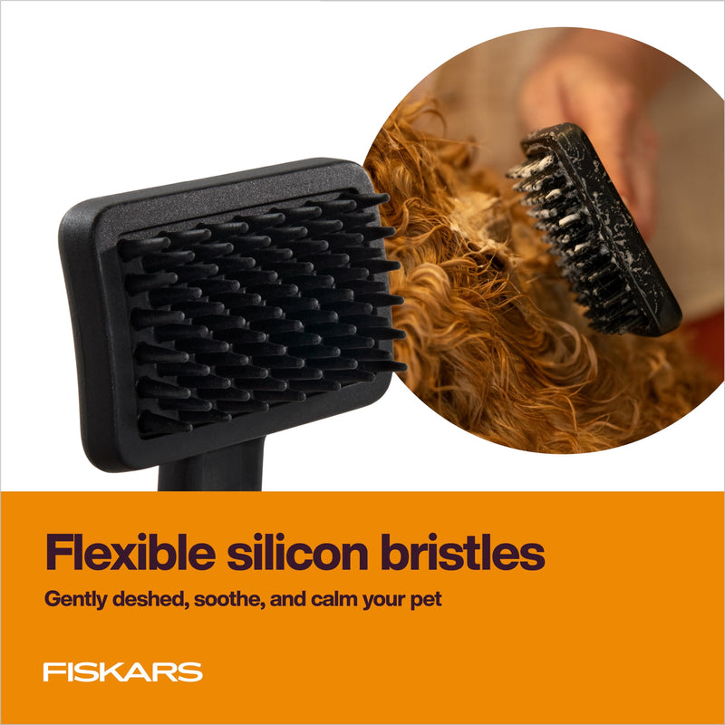 Fiskars Pet Massage Brush, Cat and Dog Brush, Flexible Silicone Bristles & SoftGrip™ Handle for Gentle Deshedding, 6.5”, Orange/Black