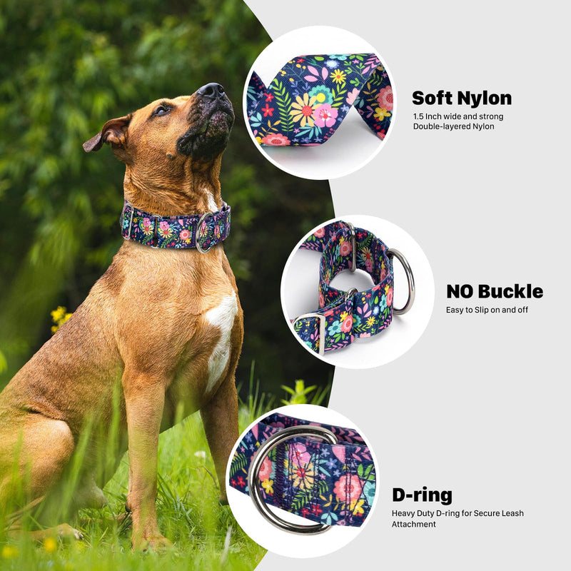 Wide 1.5 Inch Martingale Dog Collar - No Pull & Escape Proof Training Collar for Large Dogs,Adjustable Flower Pattern Thick Slip Collar (Flower,Large) 35 L(Neck17-23")