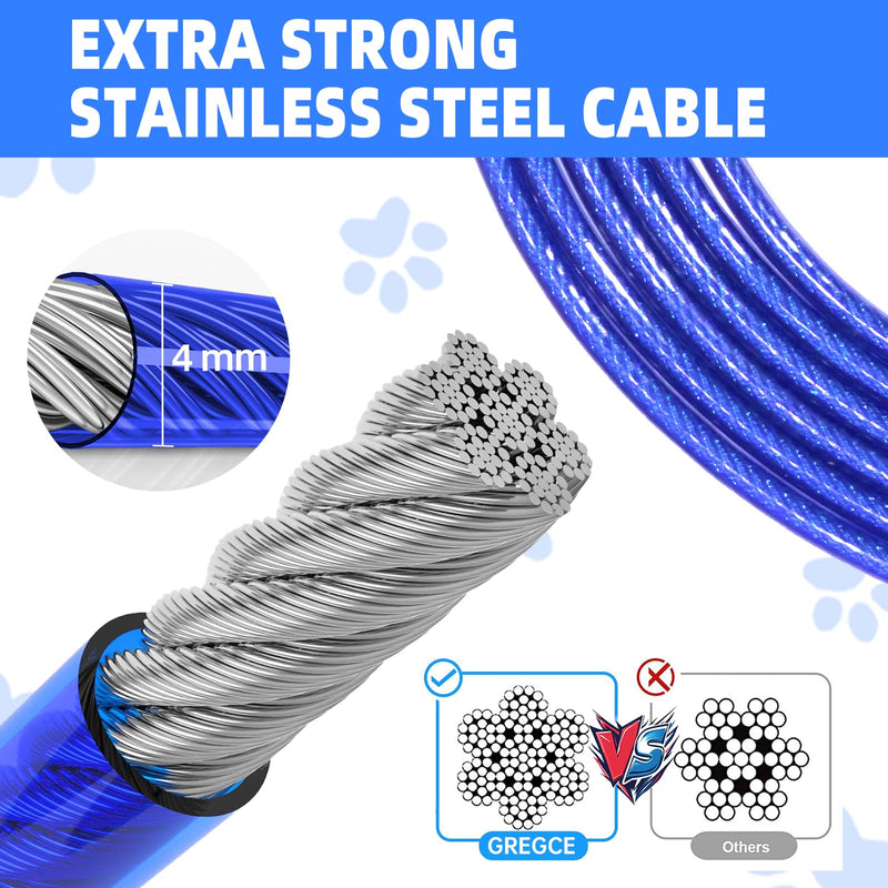 Dog Tie Out Cable,20FT Heavy Duty 4mm Outdoor Runner Cable with Shock Absorbing Spring and 360°Swivel Clips, Dogs Chain for Yard Training Running, Fit Medium Large Pets Up to 350lbs, Blue 20FT - PawsPlanet Australia