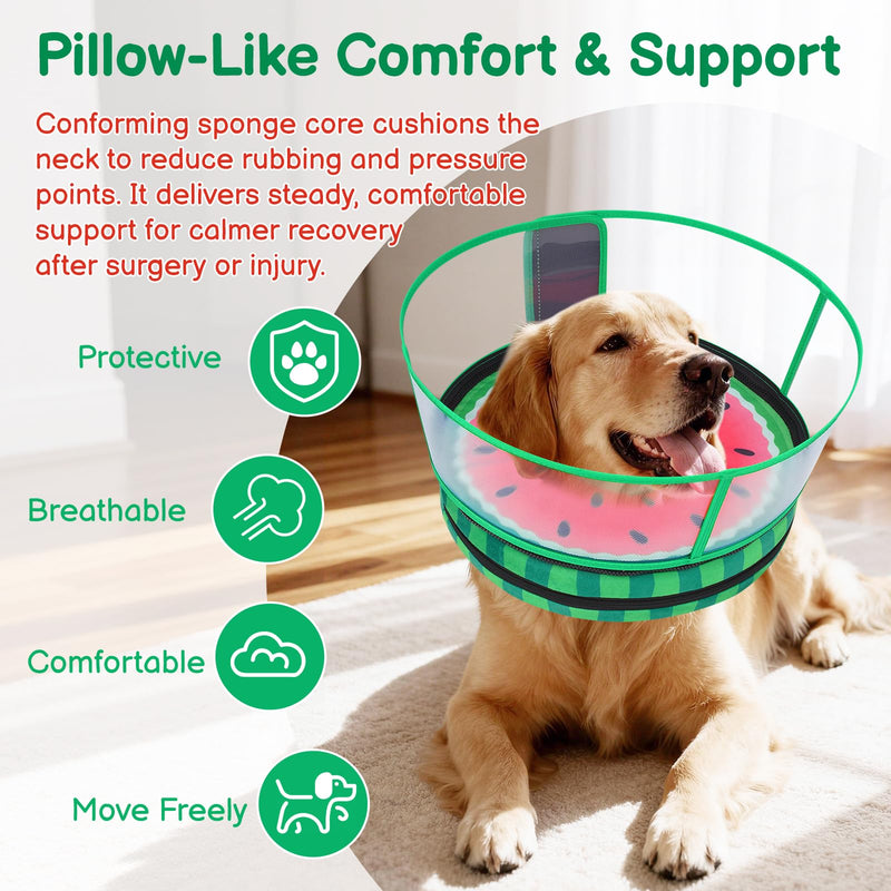 Sponge Dog Cone After Surgery, No Inflation Required Dog Donut Collar to Stop Licking, Inflatable Cone Alternatives for Large Pets, Soft Recovery Collar with Protective Shield (Watermelon, L) Watermelon