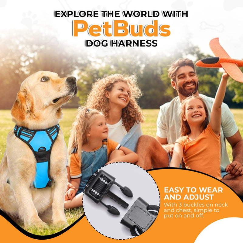 PetBuds Adjustable No Pull Dog Harness with Free 5ft Leash, Breathable and Durable for All Breeds (Blue, Medium) Blue M (Neck: 33-52 cm, Chest: 35-70 cm) - PawsPlanet Australia
