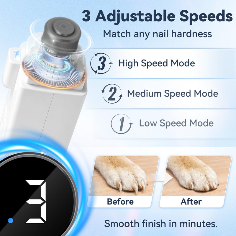 2-in-1 Dog Nail Clippers & Grinder with Light, Quiet Electric Pet Nail Trimmer for Large Medium Small Dogs & Cats, 3 Speeds, Rechargeable, Splash Guard & Safety Lock, Painless Grooming Tool (White) - PawsPlanet Australia