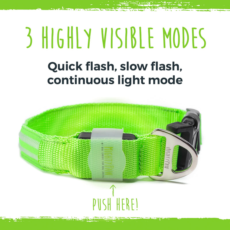 Mighty Paw LED Dog Collar - USB LED Rechargeable - USB Rechargeable Light - High Visibility Glow Strips - Glow Pet Weather Resistant - Enhanced Nighttime Visibility - Light Up Dog Collar - (L, Green) Large - PawsPlanet Australia