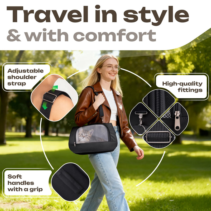 Small Pet Carrier for Cats, Rabbits, Guinea Pigs – Airline Approved Soft-Sided Travel Bag, Lightweight Dog Carrier, Ventilated & Foldable (Up to 10 lbs, Black) - PawsPlanet Australia