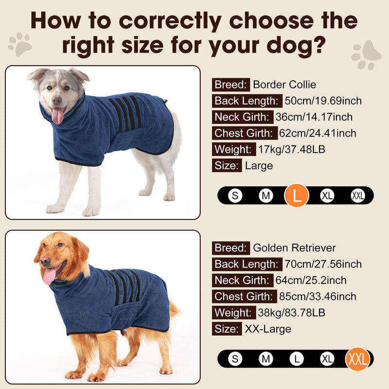 Microfibre Dog Bathrobe Towel Wrap Super Absorbent Dog Drying Coat Bath Robe for Puppy, Medium & Large Dogs, Fast Drying, Adjustable Dark Blue XX-Large - PawsPlanet Australia