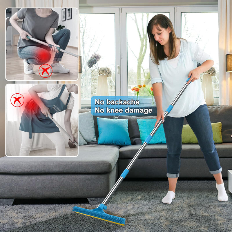 3 in 1 Carpet Rake for Pet Hair Removal, Reusable Pet Hair Remover Broom, 60'' Adjustable Long Handle Dog and Cat Hair Remover Tool Set of 3, Lint Remover Scraper for Carpets, Rugs, Mats, Couch, Car 60inch Blue - PawsPlanet Australia