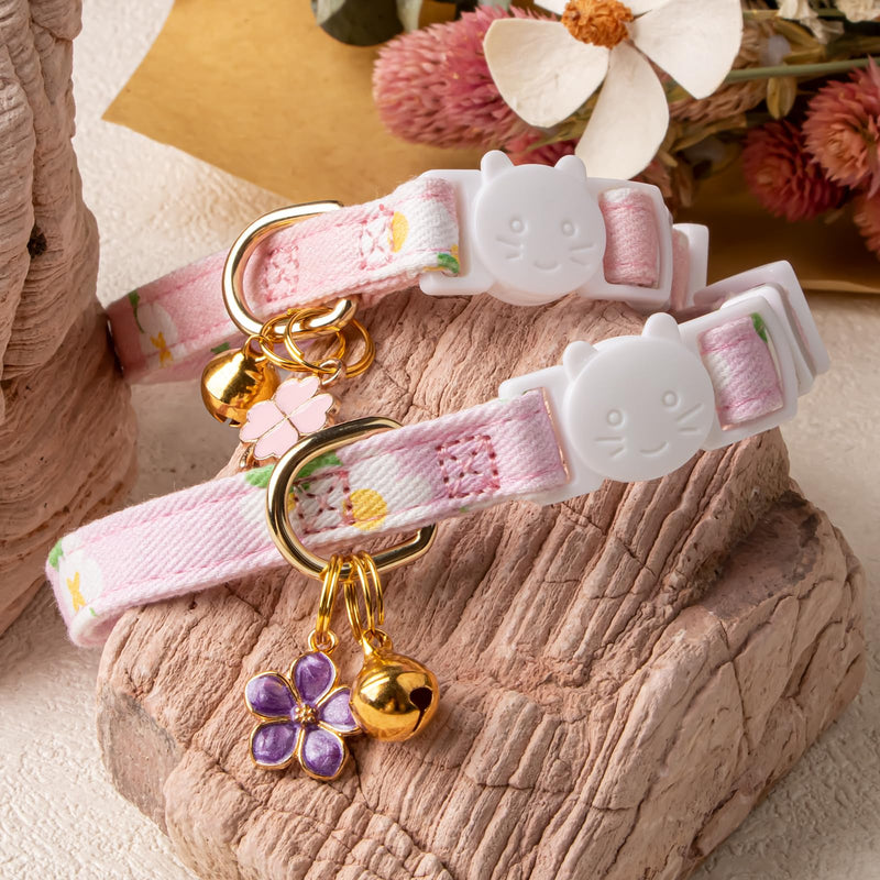 2 Pack Cotton Breakaway Cat Collar,Purple&Pink Flowers Pendant Kitten Collar Cute Cat Collar with Bell,Ideal for Girl Cats Boy Cats Purple&Pink - PawsPlanet Australia