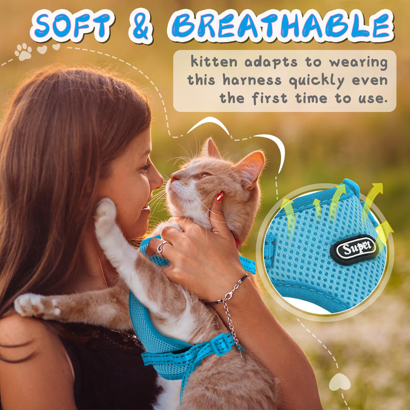 Supet Cat Harness and Leash Set for Small to Large Cats Adjustable Cat Vest Harness with Reflective Trim Universal Cat Leash and Harness for Cats/Puppies Medium (Chest: 17.5" - 19.5"） Lightblue - PawsPlanet Australia